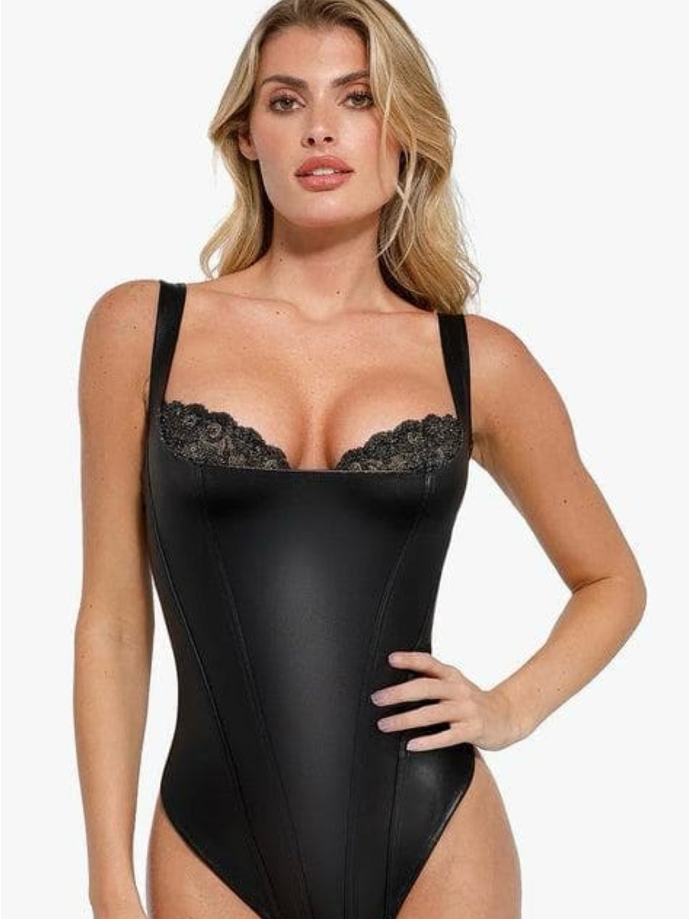 Popilush Black Faux Leather & Lace Balconette Sculpting Bodysuit size L